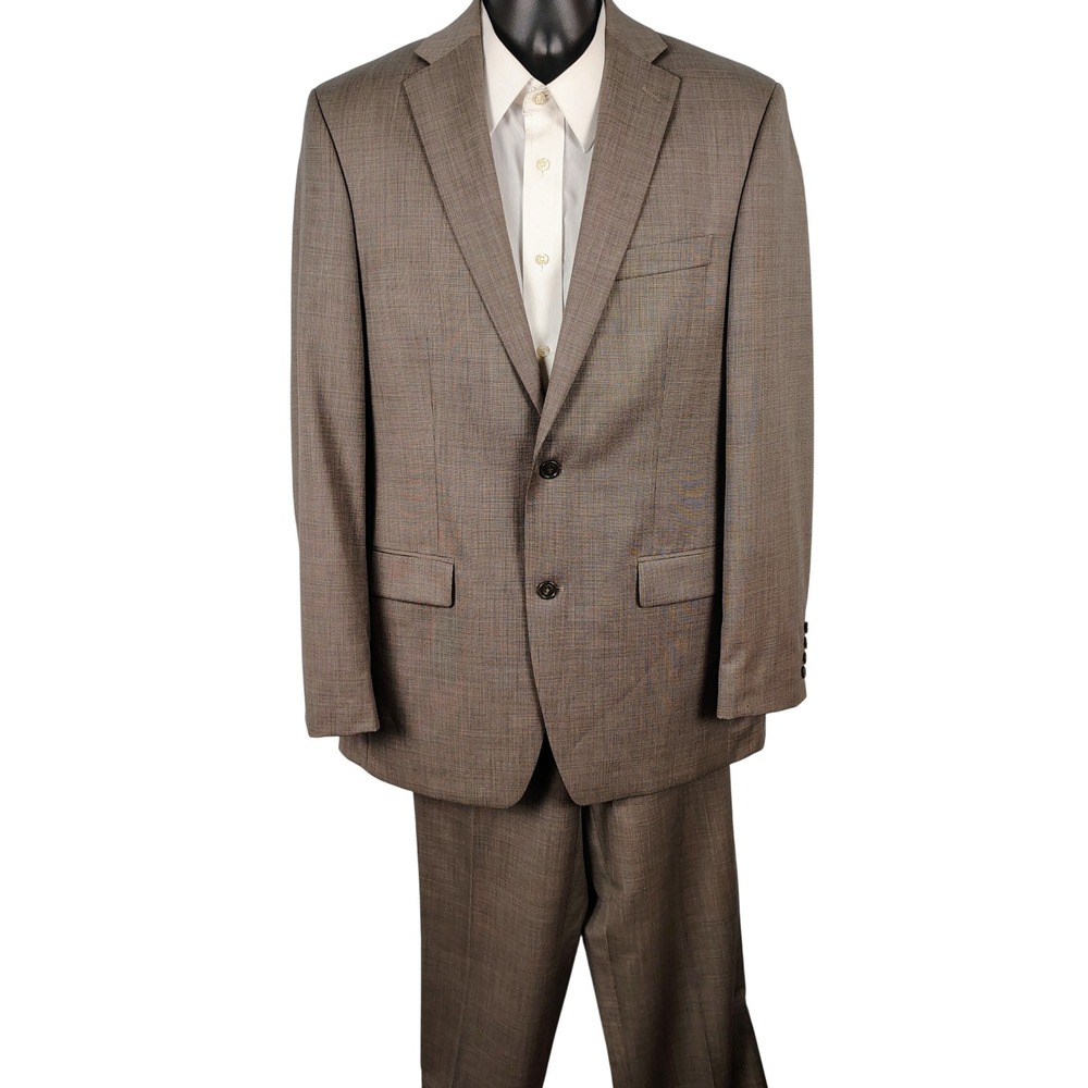 Calvin Klein Mens 42R Suit Brown Sharkskin Two Button Formal Business Wear
